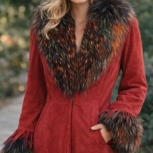 Double D Ranch Red Suede Duster Coat with Multicolor Fur Trim
